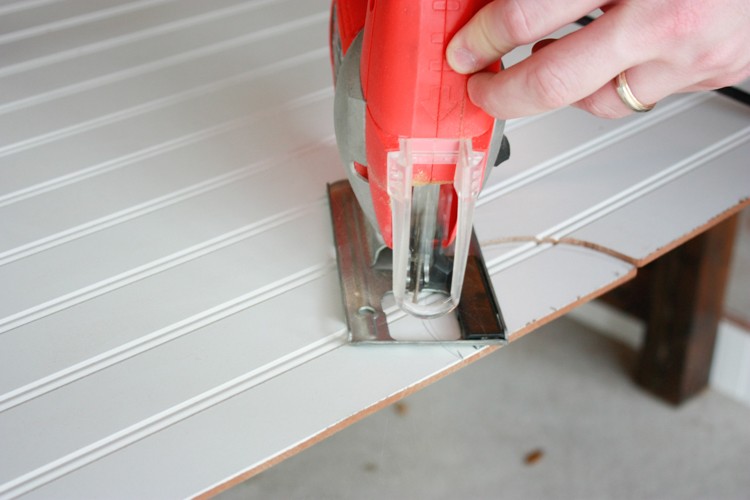 Cutting vent hole in beadboard for a DIY faux coffered ceiling