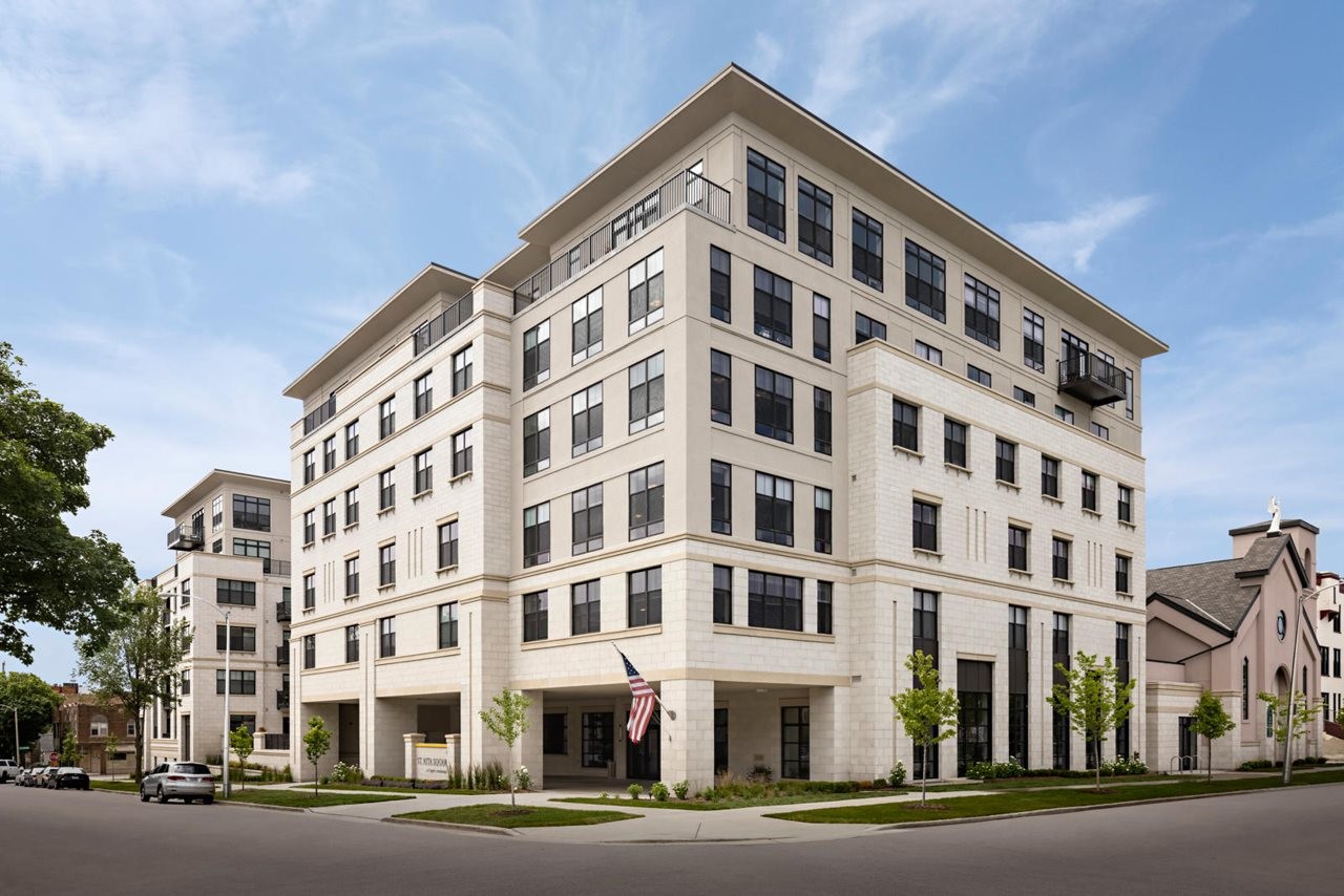 Six story office building built of concrete blocks.