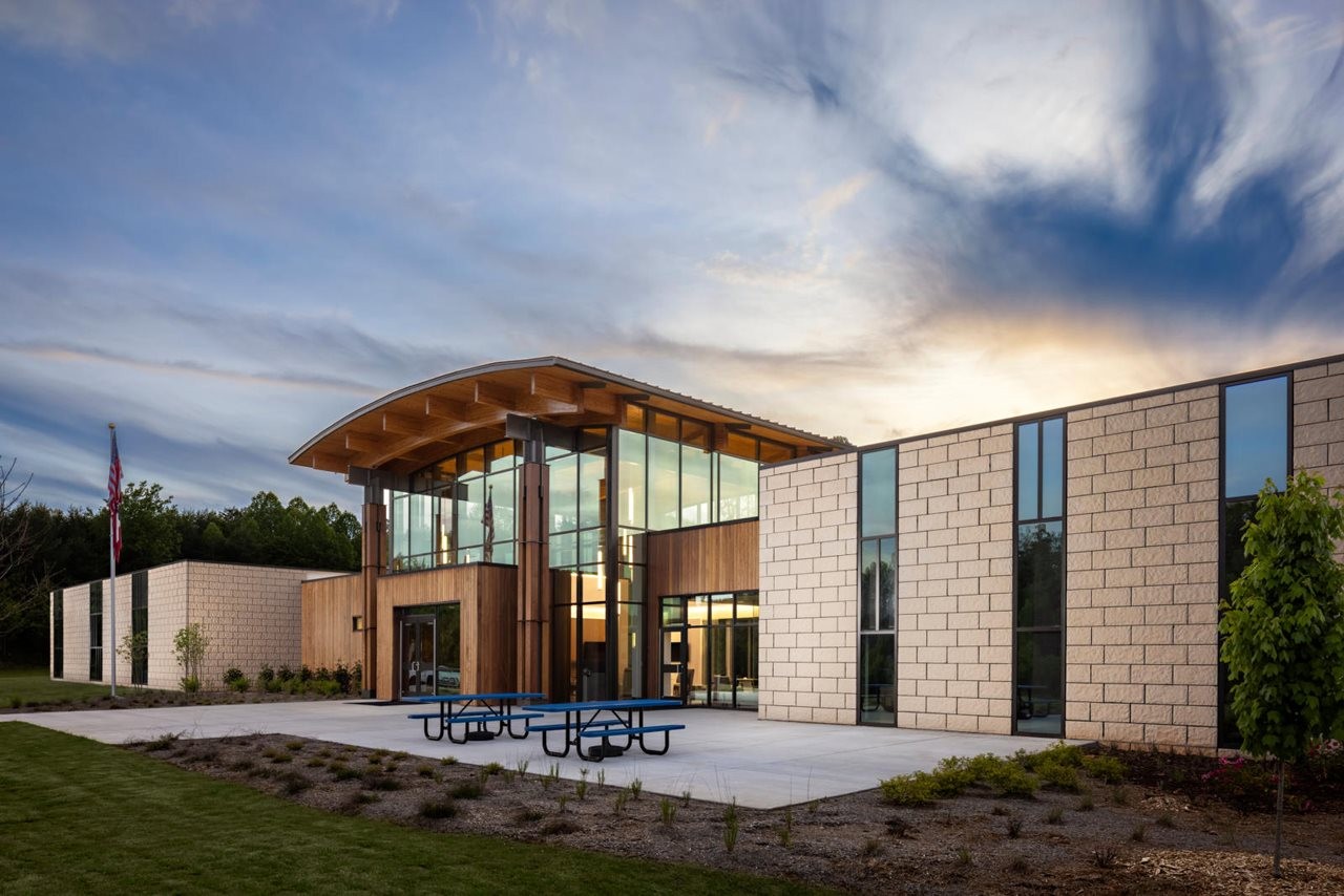 A performance hall built primarily with concrete blocks.