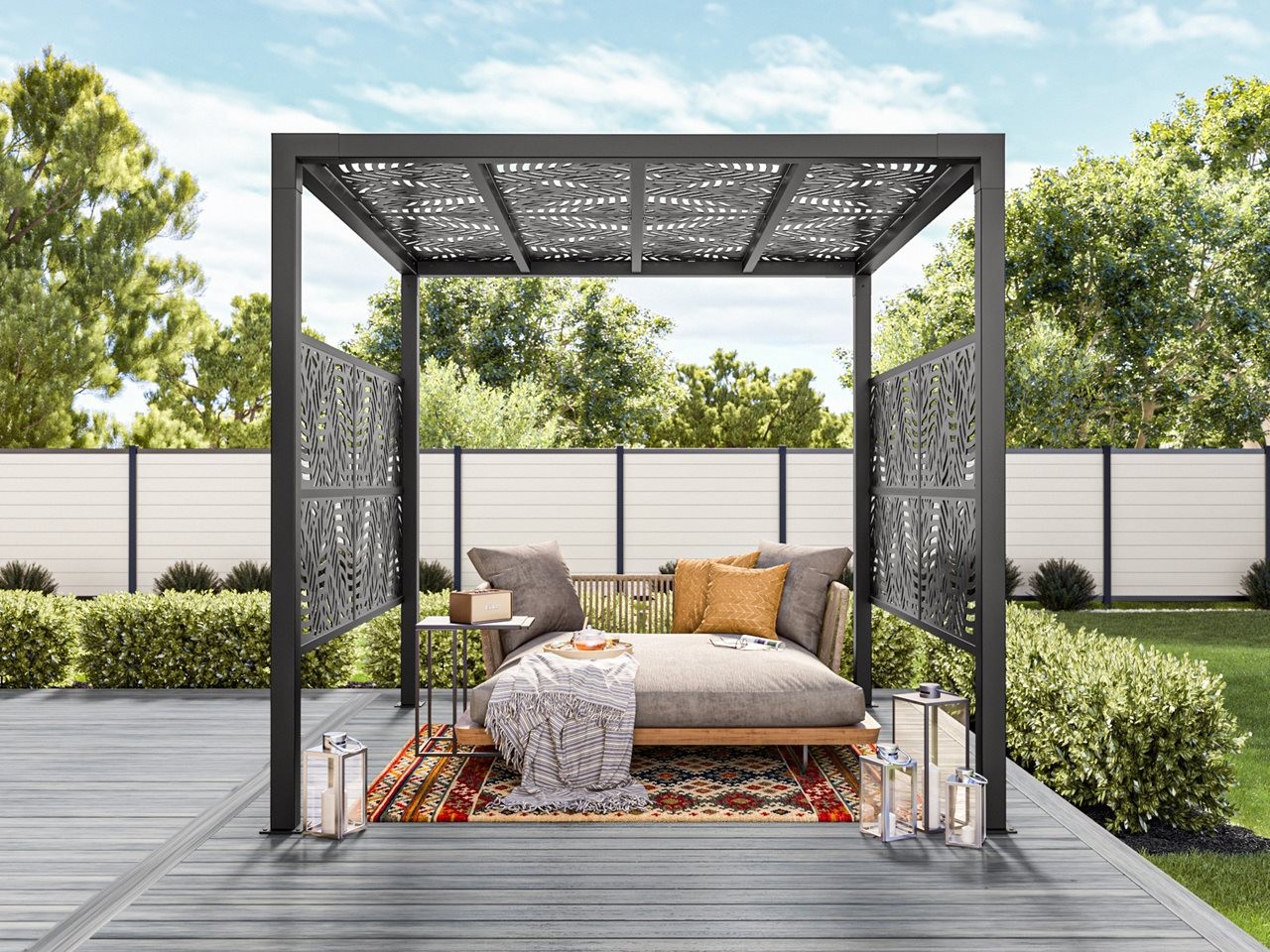 Privacy pergola provides shade for outdoor living room on patio in backyard.