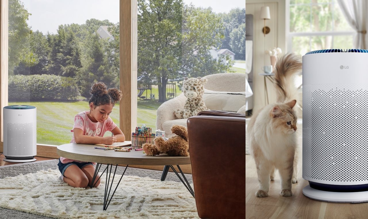 Collage image of a little girl sitting at a table coloring with crayons with an air cleaner device in the background and an image of a cat looking curiously at an air cleaner in the bedroom.