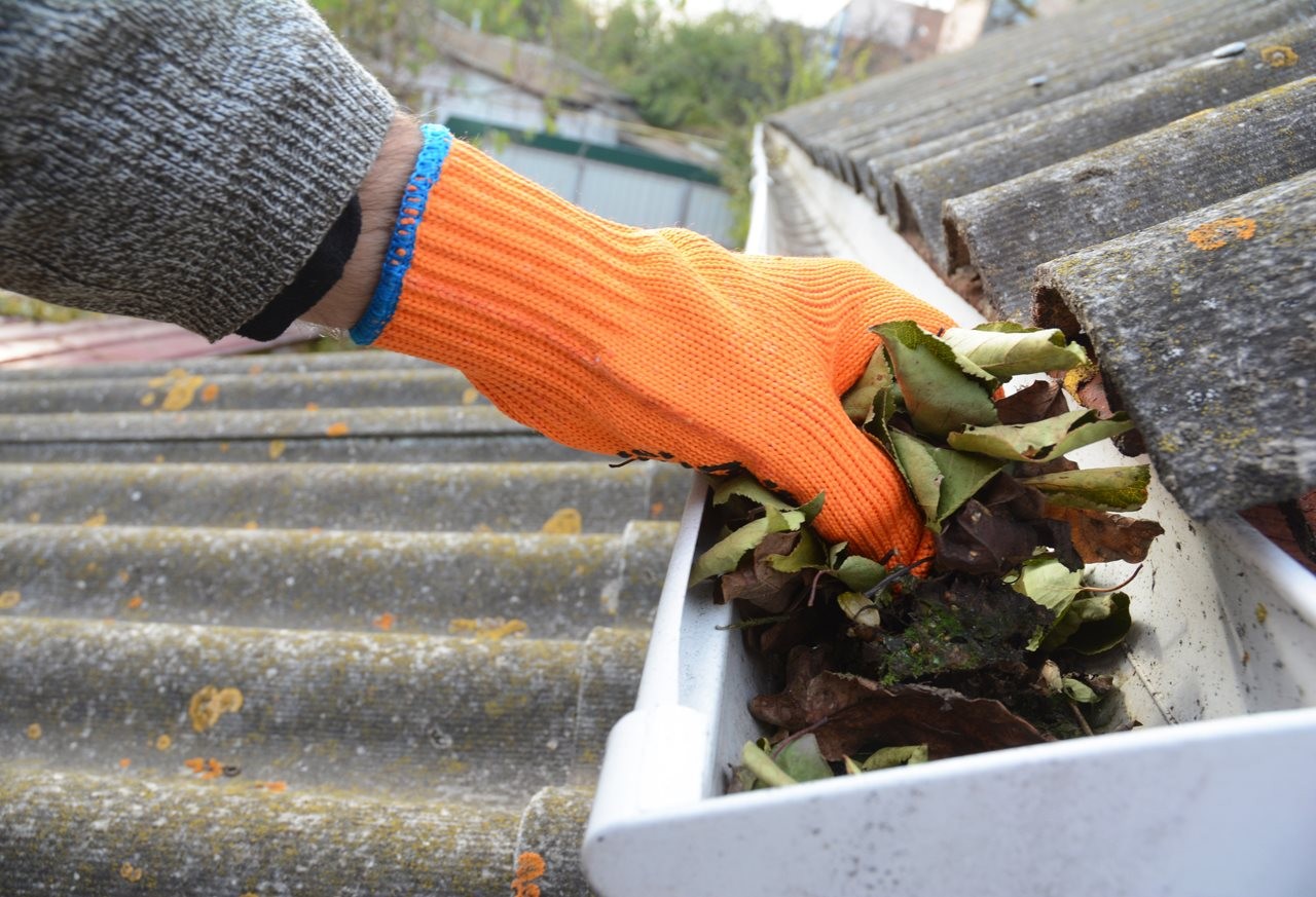 Person wearing gloves cleaning leaves out of the gutters of their house