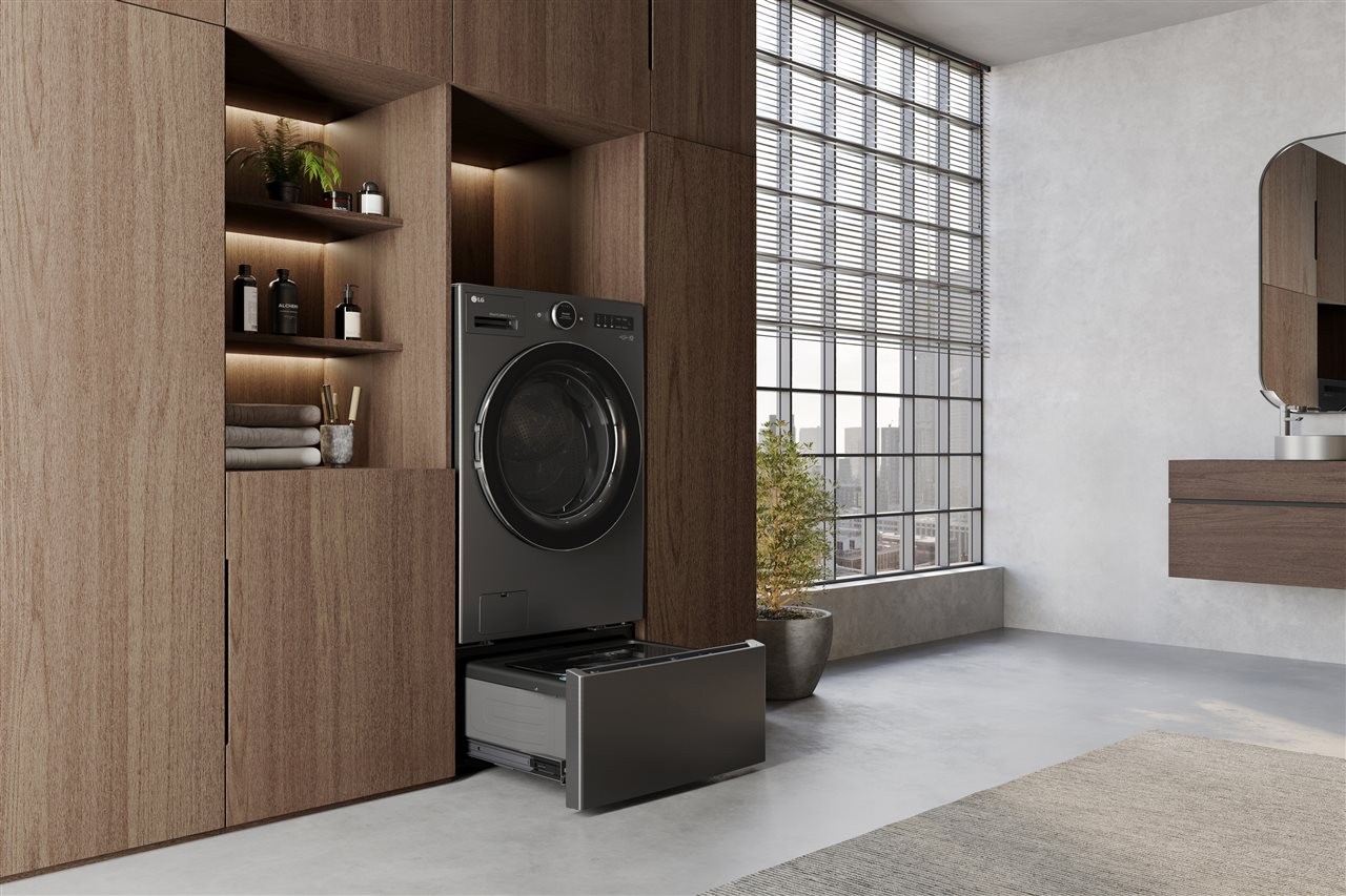 The LG WashCombo all-in-one that washes and dries clothes in an upscale laundry room.