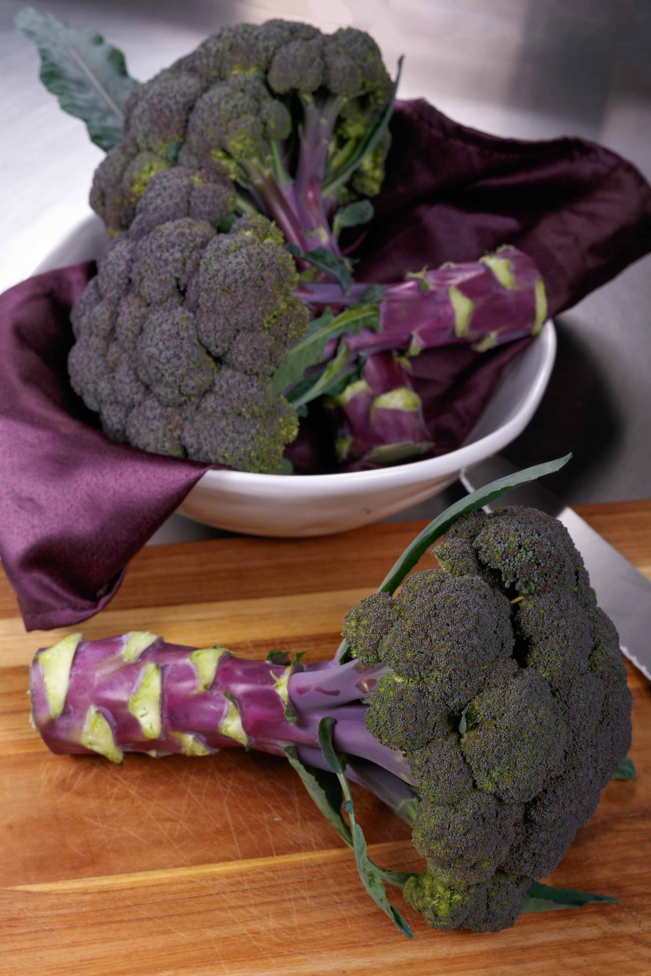 Sakata Broccoli Purple Magic with its deep purple stems and greenish purple flowerettes.