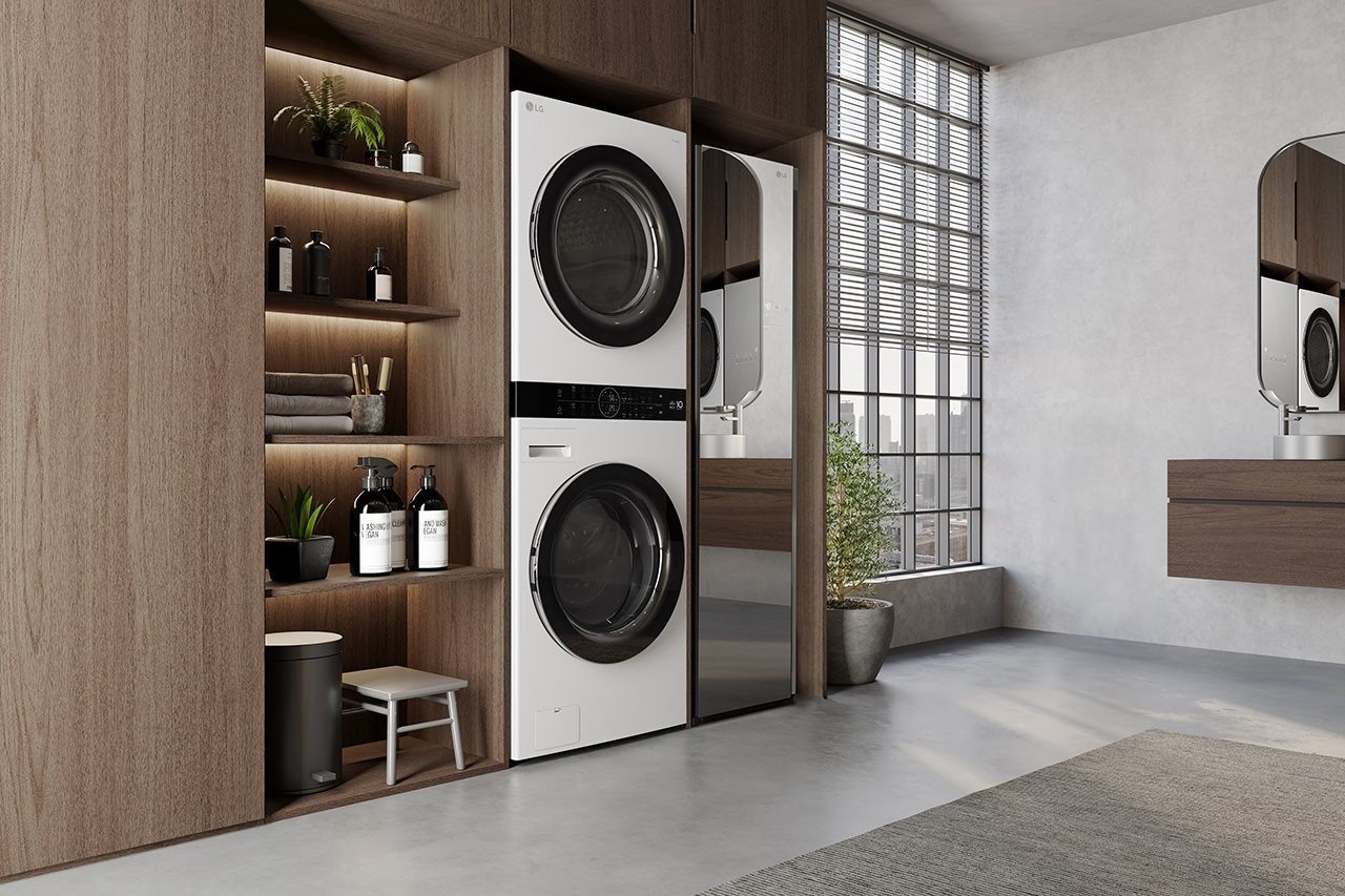 Stacked washer and dryer in a laundry