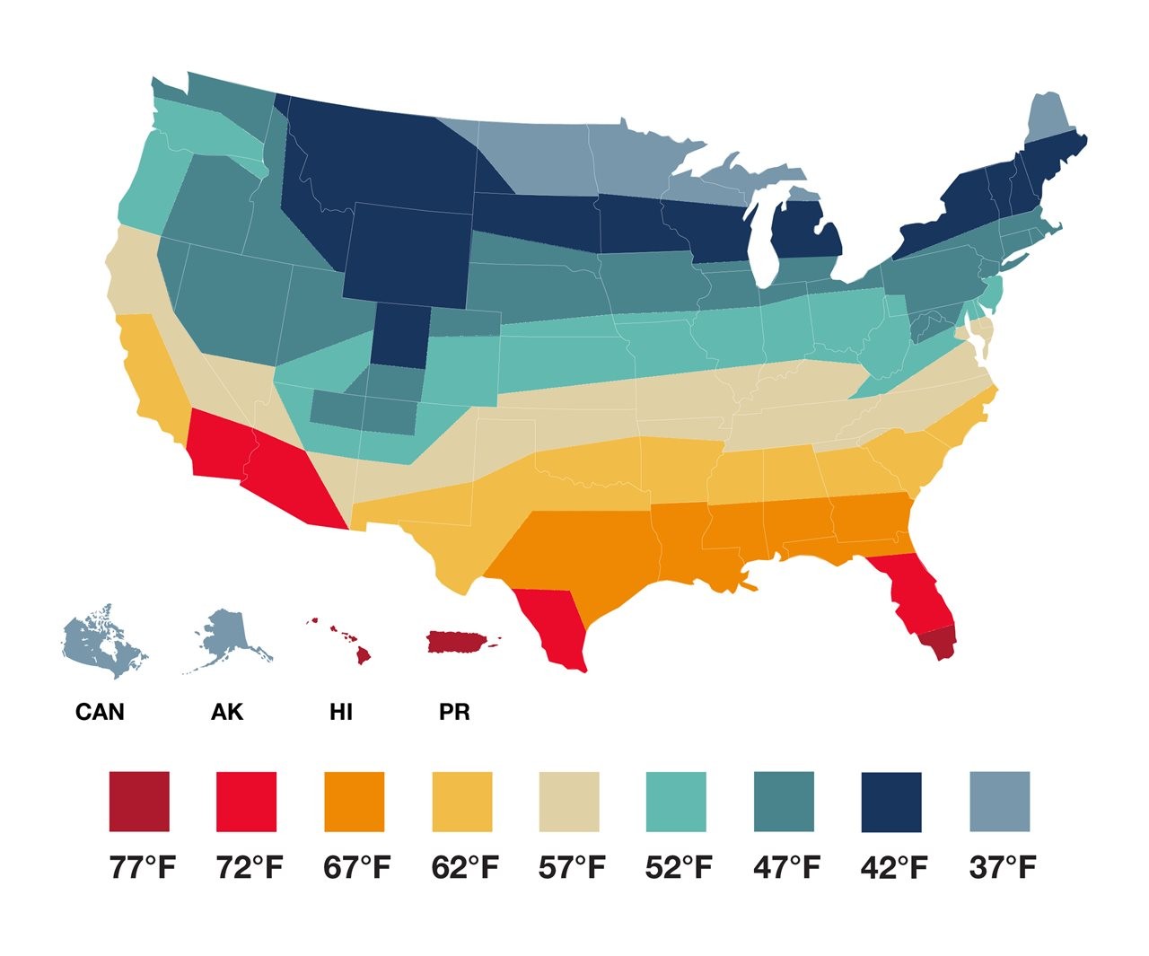 An illustration of a map of the United States that show average temperatures