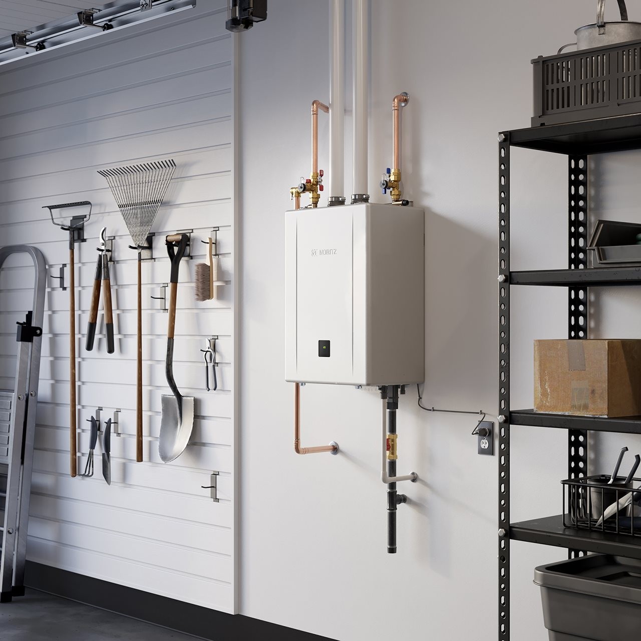 Noritz EZ Series Pro tankless water heater mounted on a wall in the garage.
