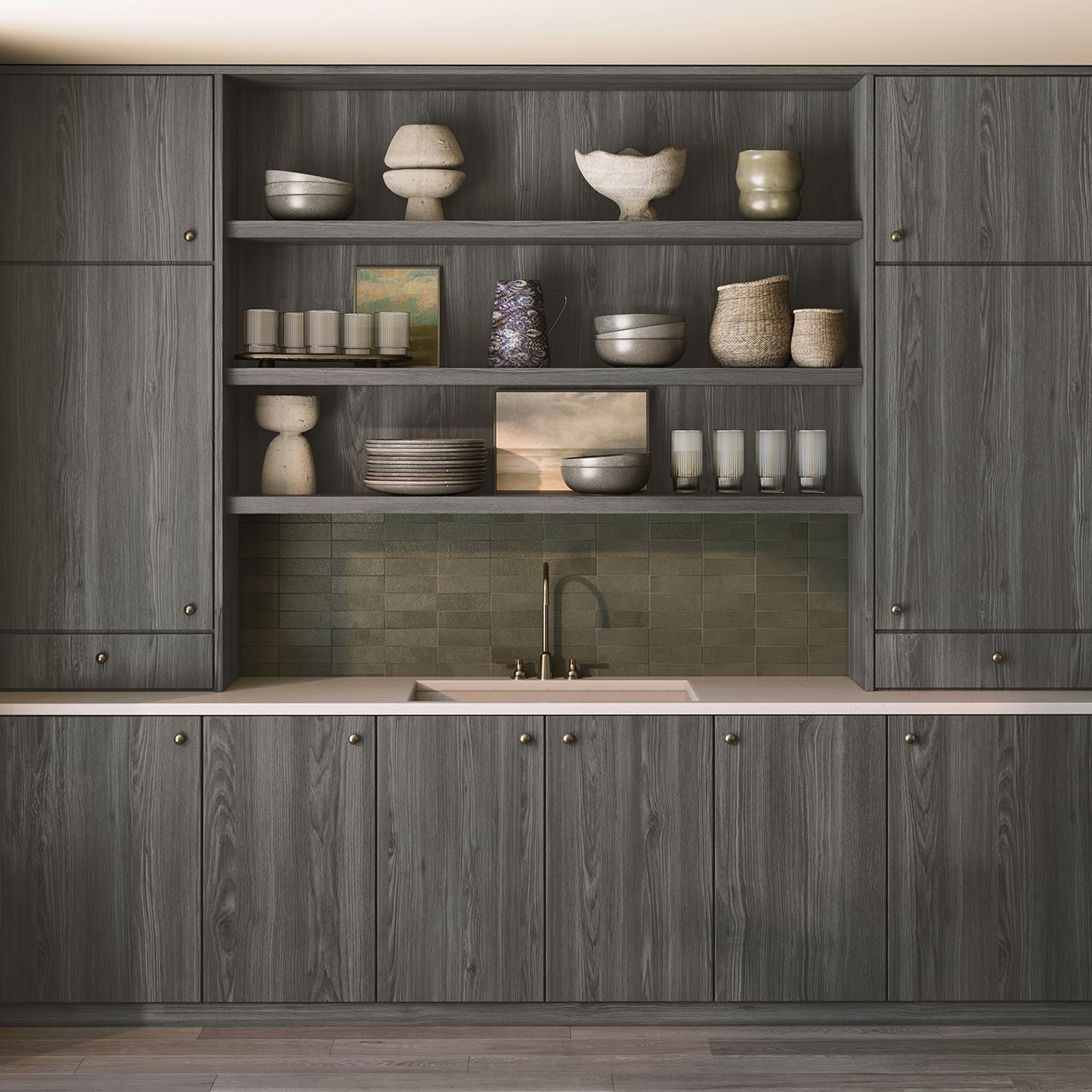 Deep tone  LUJO<sup><sup><sup/>®</sup></sup> TFL from Wilsonart adds wood-inspired finishes and luxury matte textures to cabinetry and wall panels in this retro kitchen.” width=”600″ border=”0″></div>
<div class=