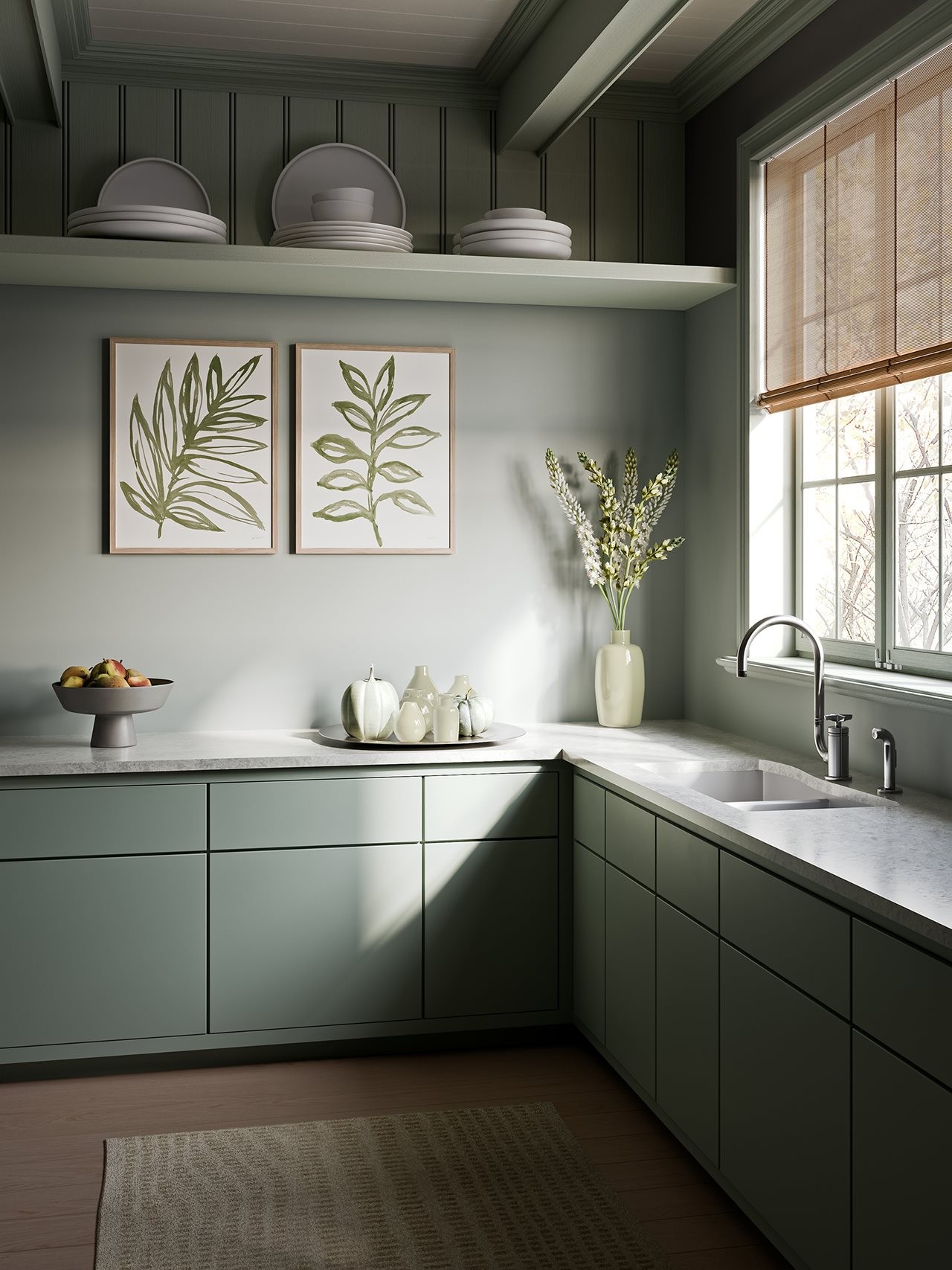 Modern-style kitchen with jewel-toned pantries, tucked-away bars, and clever storage nooks shine with Traceless™ by Wilsonart.