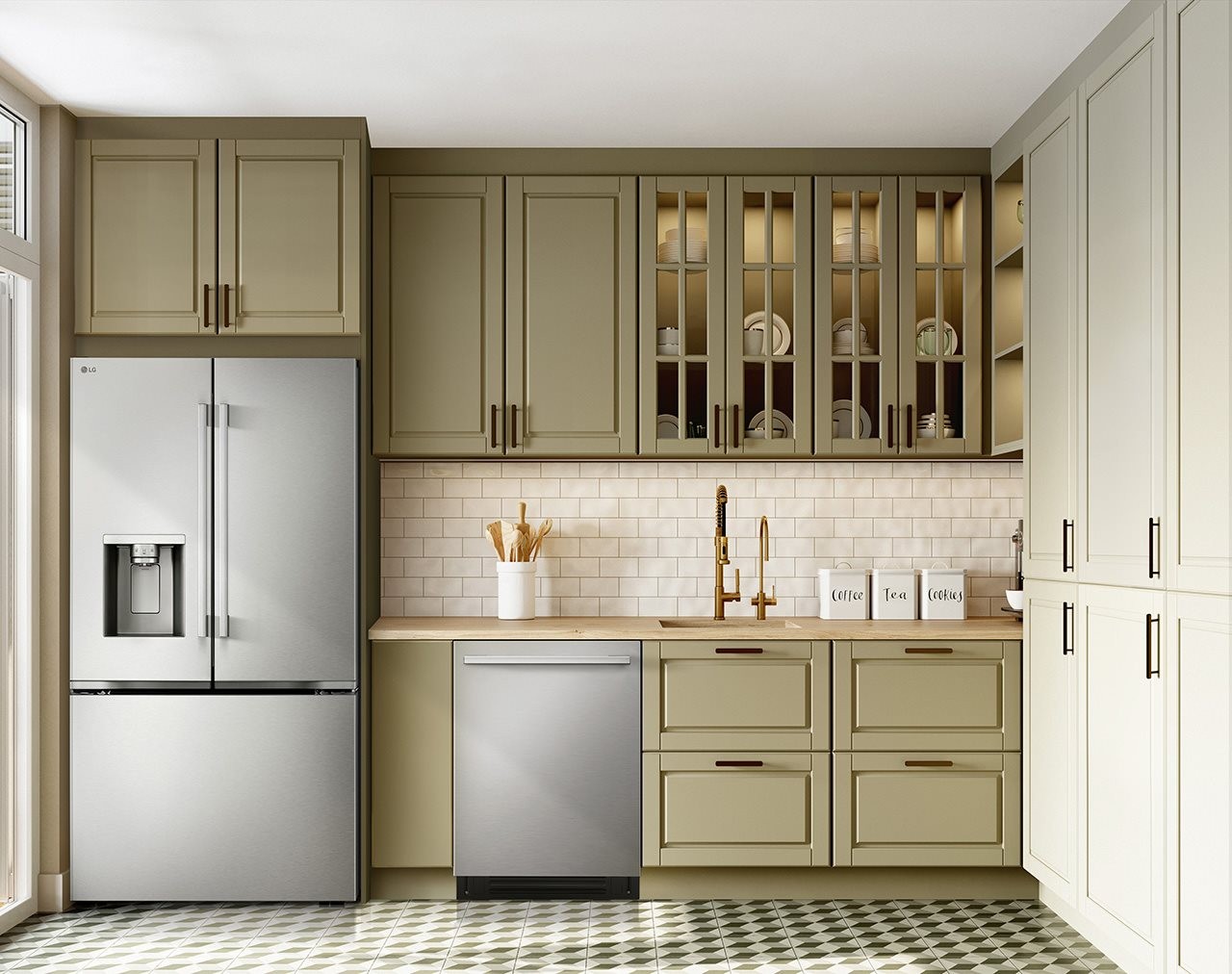 LG's Smart FlushFit™ Top Control Dishwasher with 1-Hour Wash & Dry, QuadWash<sup><sup/>®</sup> Pro, TrueSteam<sup><sup>®</sup></sup> and Dynamic Heat Dry™ w/AutoVent Dry™ in kitchen with sage green cabinets, white subway tiled back splash and geometric patterned tile flooring.” width=”600″ border=”0″></div>
<div class=