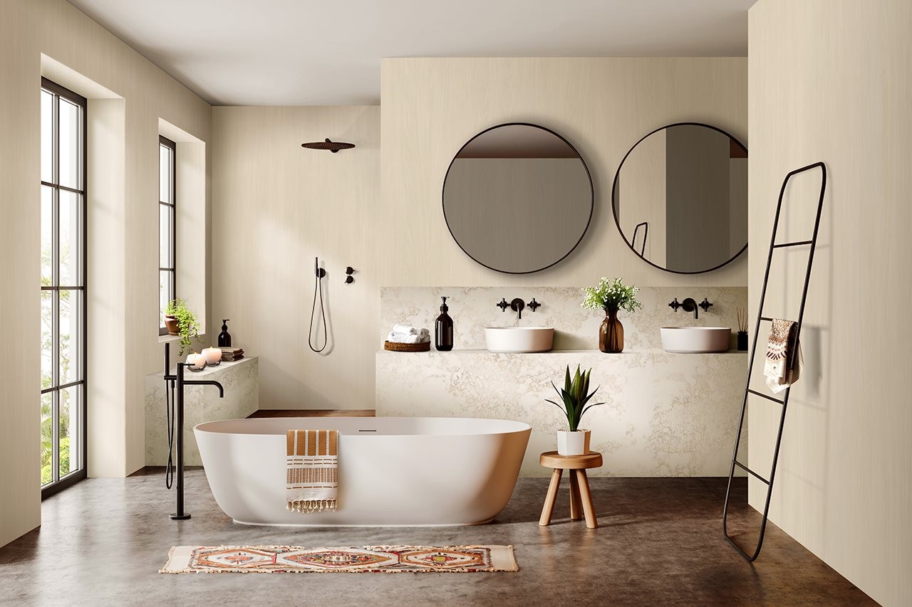 Japanese design inspired bath with wood floors stand-alone tub and curved cabinets and fixtures.