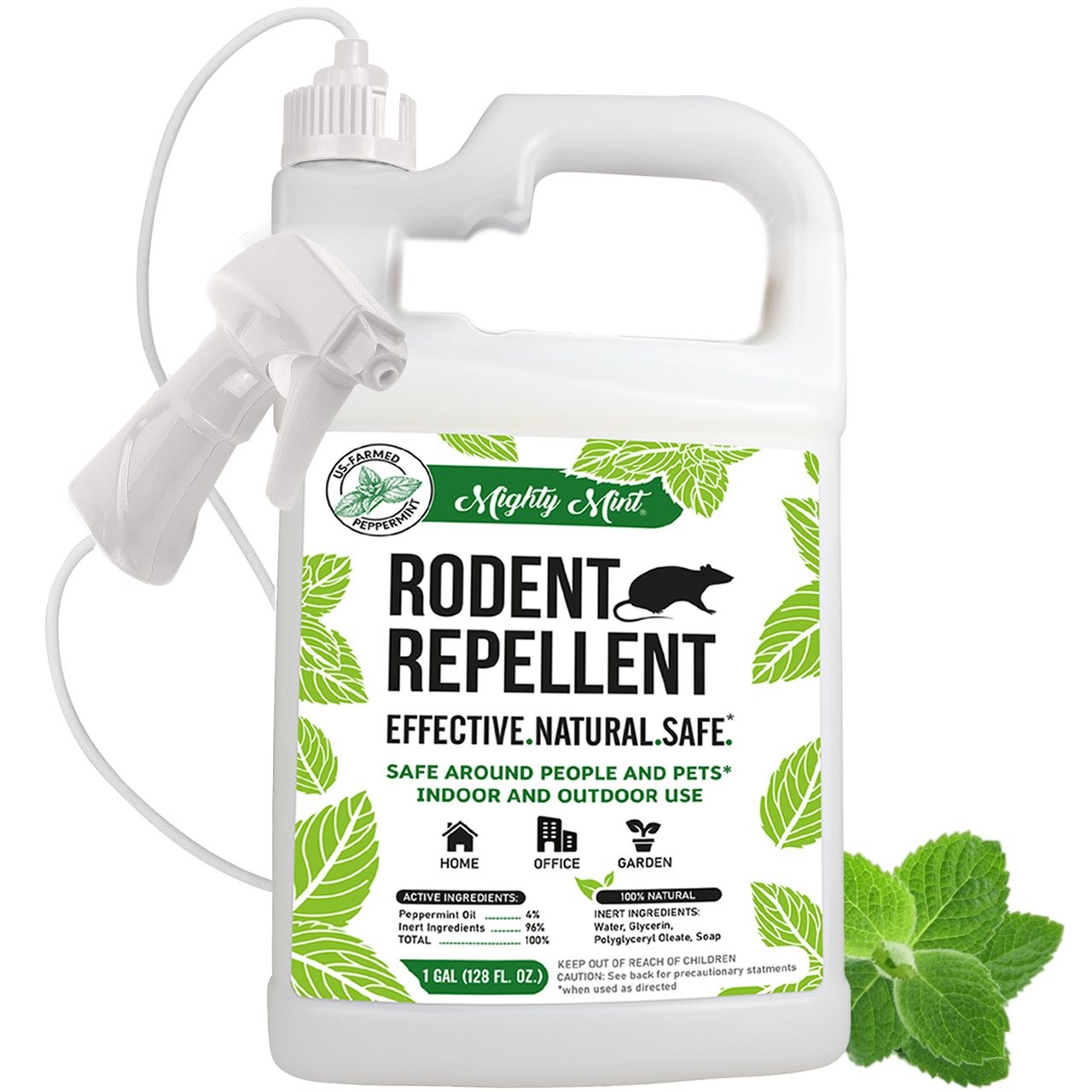One gallon container of Mighty Mint rodent repellent that can be sprayed around house foundations and other outdoor buildings of features.