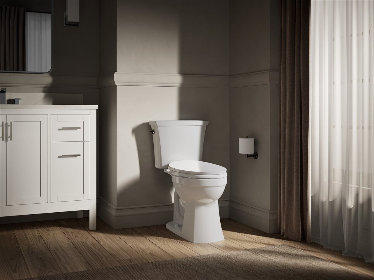 Upscale bathroom with sleek KOHLER<sup><sup><sup><sup/>&reg;</sup></sup></sup> PureWash M300 bidet toilet seat that is easy-to-install to your existing toilet and includes a dual-spray wand for front and rear cleansing.” width=”600″ border=”0″></div>
<div class=