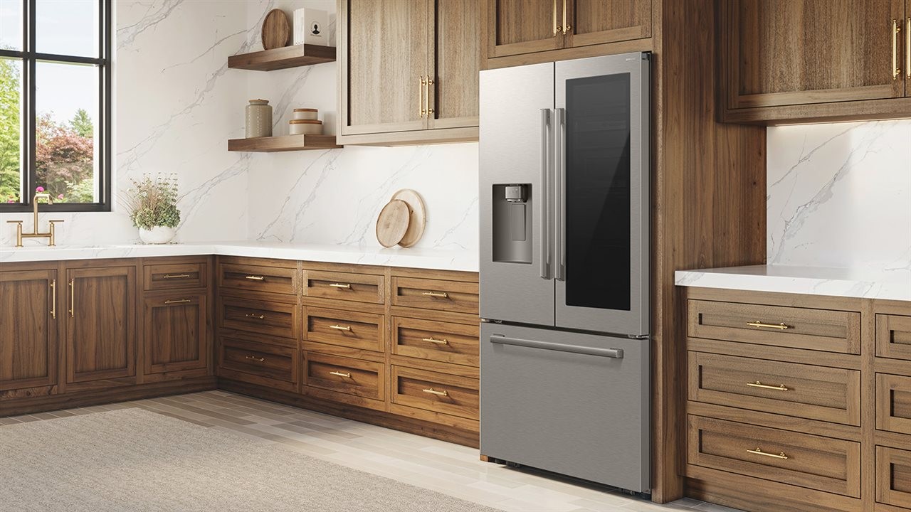 Samsung refridgerator in a modern-style kitchen.